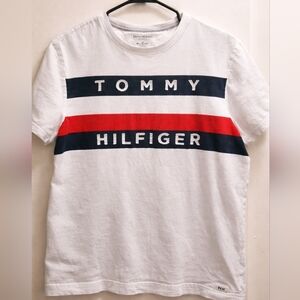 Tommy Hilfiger White Logo T-Shirt Men's Large Unisex Classic Flag Graphic